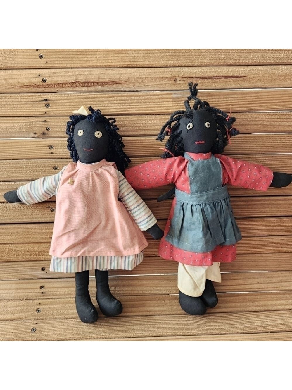 Vintage lot of 2 African American cloth rag dolls stitched eyes
